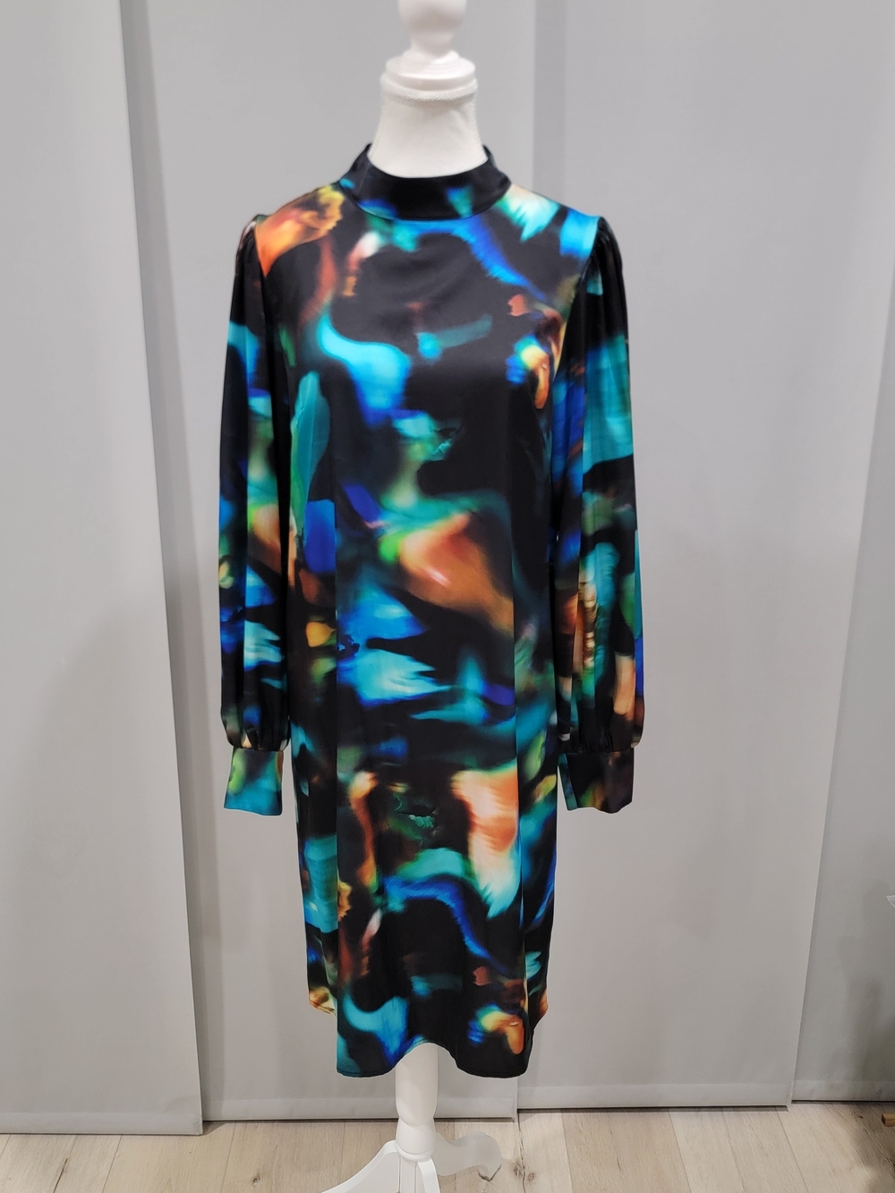 Joseph Ribkoff Black Shift Dress with Teal and Orange Abstract Print